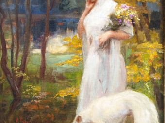 G. V. ANGLADE "Elégante au barzoï". Huile sur toile, signée en bas à d