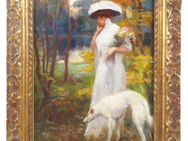 G. V. ANGLADE "Elégante au barzoï". Huile sur toile, signée en bas à d