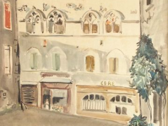 Vente aux enchères Yves BRAYER "Cordes, la maison du grand Véneur".  Aquarelle, signée en