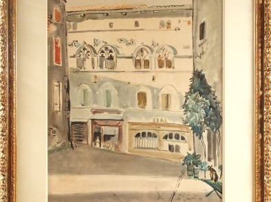 Yves BRAYER "Cordes, la maison du grand Véneur".  Aquarelle, signée en