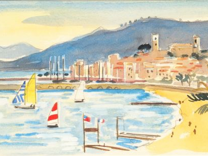 Y. BRAYER 'Vue de Cannes". Aquarelle, signée en bas à gauche. 15 x 31 