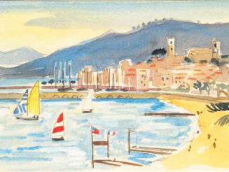 Vente aux enchères Y. BRAYER 'Vue de Cannes". Aquarelle, signée en bas à gauche. 15 x 31 