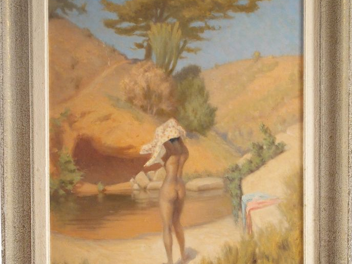 CHAUVELOT.  "Jeune africaine au bain". Huile sur panneau, signée en ba
