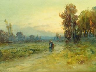 Vente aux enchères R. DUMONTEIL "Paysage animé au crépuscule". Aquarelle, signée en bas à