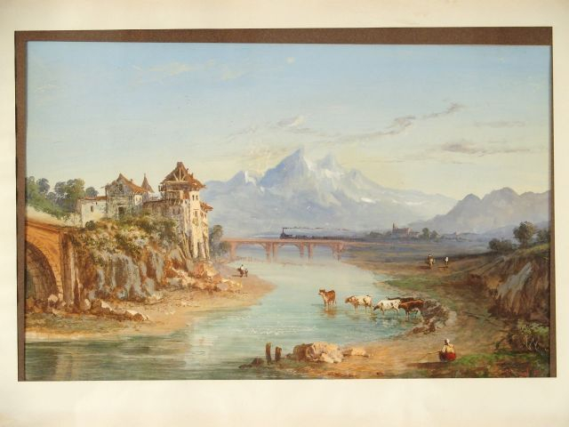 Paul PASCAL. "Paysage de montagne et bord de fleuve animé". Gouache, s