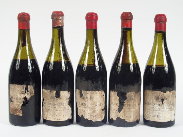5 BOUTEILLES ALOXE CORTON BOUCHARD PERE ET FILS - 1921 - 8 CM/2 à 9 CM