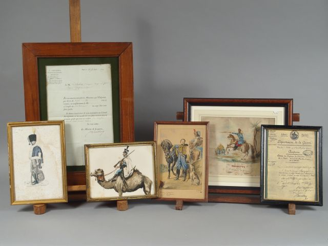 Aquarelle 'Gombette 1er chasseur d'Afrique' , gravure 'colonel des cha