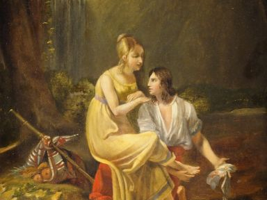 Ecole française XIXème "Paul et Virginie". Huile sur toile. 24,5 x 19 