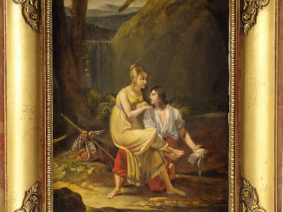 Ecole française XIXème "Paul et Virginie". Huile sur toile. 24,5 x 19 