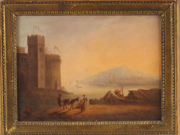 J. J AUBERT "Paysage maritime animé". Huile sur toile (rentoilée). Sig