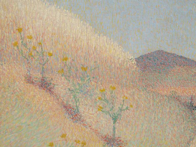 A. LAUGÉ. "Le chemin bordé de chardons". Huile sur toile, signée et da