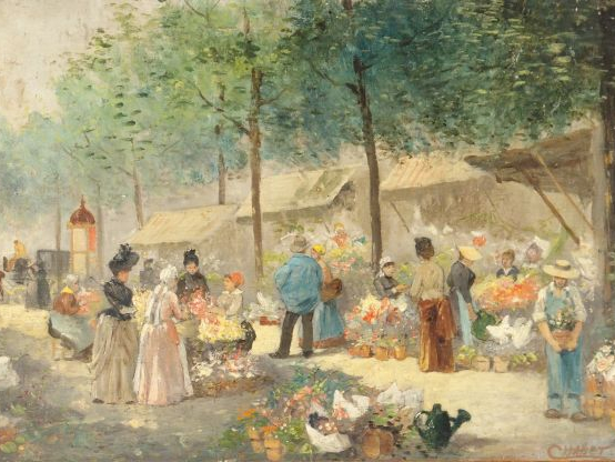 CHABET "Le marché aux fleurs". Huile sur panneau. Signée en bas à droi