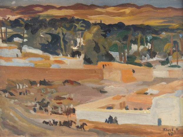 F. FAUCK "Paysage d'Afrique du Nord". Huile sur panneau. Signée en bas