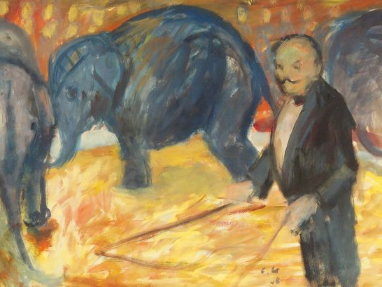 Edouard GOERG "Le cirque, le dresseur d'éléphant".  Gouache Monogrammé