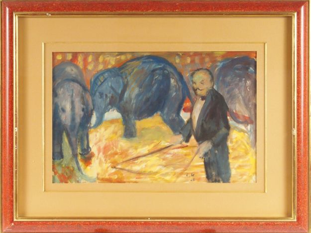 Edouard GOERG "Le cirque, le dresseur d'éléphant".  Gouache Monogrammé
