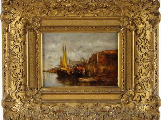 Ecole française début Xxème "Marine". Huile sur panneau. 16 x 21,5 cm