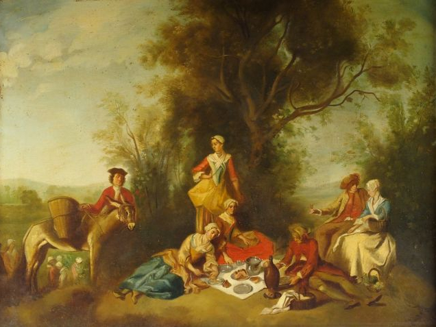 Ecole française dans le goût du XVIIIème "Le déjeuner sur l'herbe". Hu