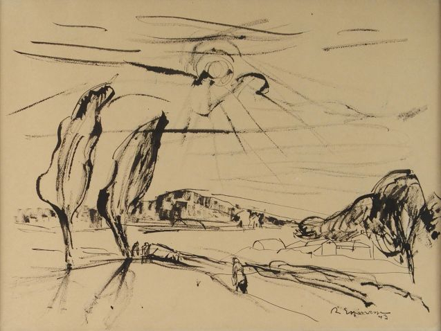 ESPINASSE "Paysage". Dessin à l’encre. Signé en bas a droite. 30.5 x 4