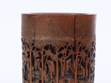 Porte pinceaux en bambou sculpté à décor d'une assemblée de lettrés da
