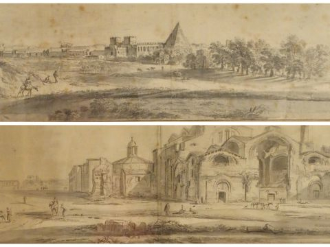 Ecole française début XIXème "Ruines animées". Paire de grands dessins