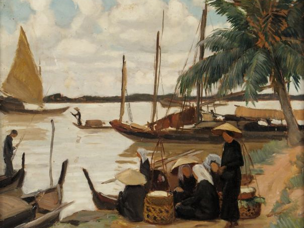 Maurice MENARDEAU "Les bords du Mékong".  Huile sur panneau. Signée en