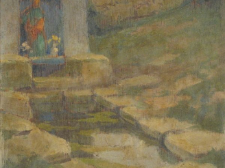 Vente aux enchères Maurice CAHOURS .  "L'oratoire".  Huile sur panneau, signée en bas à g