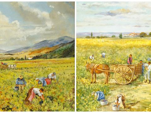 LESCURE "Les vendanges". Paire d’huiles sur panneaux, signées en bas à