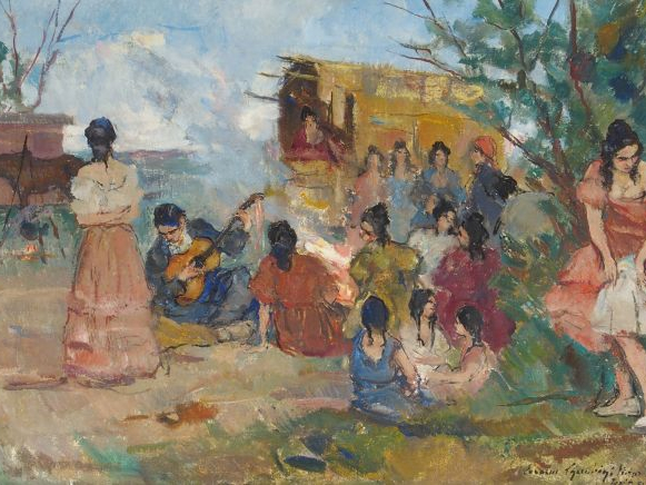 Carlo CHERUBINI "Campement tsigane". Huile sur toile, signée en bas à 