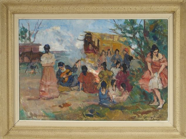 Carlo CHERUBINI "Campement tsigane". Huile sur toile, signée en bas à 