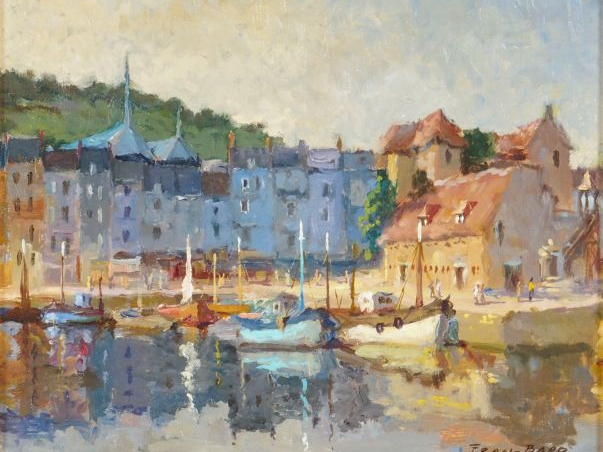 FRAN-BARO "Le port de Honfleur". Huile sur toile, signée en bas à droi