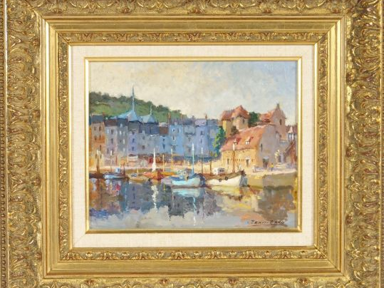 FRAN-BARO "Le port de Honfleur". Huile sur toile, signée en bas à droi