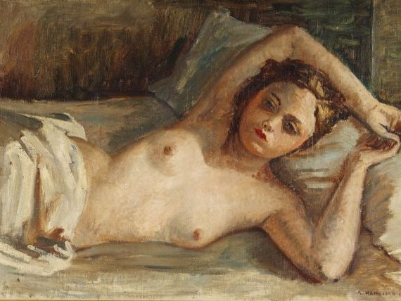 André HAMBOURG "Jeune femme allongée". Huile sur toile, signée en bas 