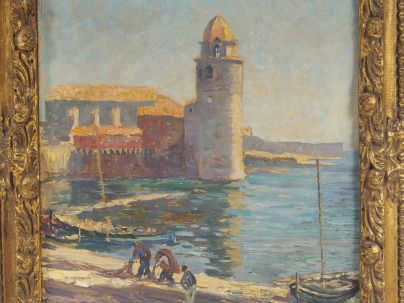 Adrien HAMON "Le port de Collioure". Huile sur toile, signée en bas à 