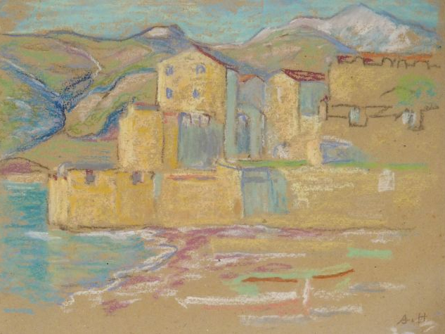Augustin HANICOTTE "Collioure au coucher du soleil". Pastel. Monogramm