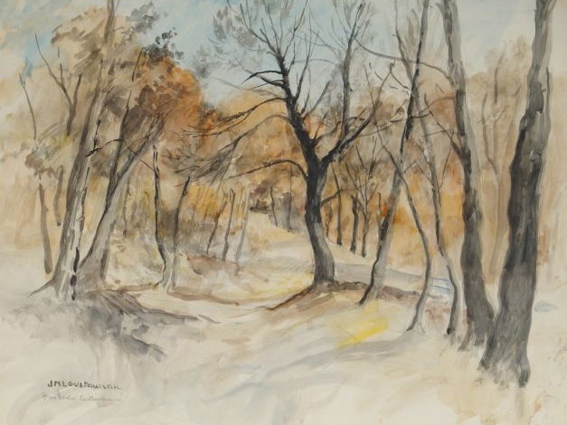 LOUSTAUNAU "Bois brûlé". Aquarelle, signée en bas à gauche.  48.5 x 64