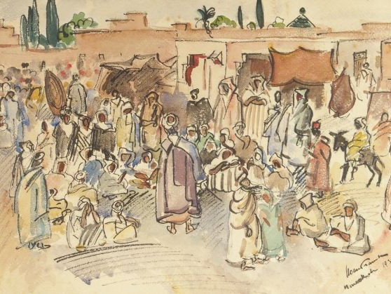 Franck SLOAN "Place animée de Marrakech". Aquarelle, signée en bas à d