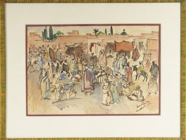 Franck SLOAN "Place animée de Marrakech". Aquarelle, signée en bas à d