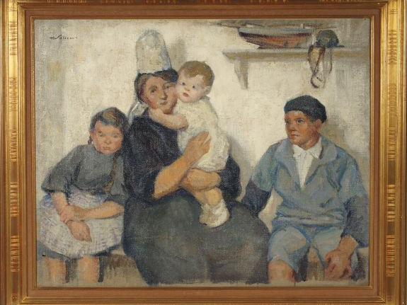 Henri SOLLIER "Famille bretonne". Huile sur toile, signée en haut à ga