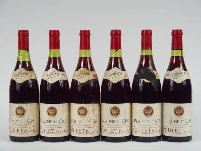 6 BOUTEILLES BEAUNE 1er CRU POULET - 1977 - DE 2 à 3 CM/1 COLL TACHEE
