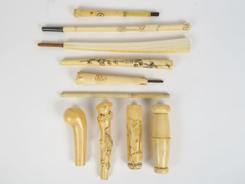 10 manches d'ombrelle en ivoire sculptée