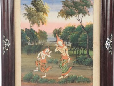 Suite de sept gouaches sur papier représentant des scènes du Ramayana 