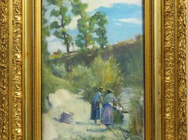 	Ecole française XIX ème « Les lavandières au chapeau de paille » 	Hui