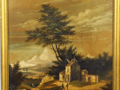 Ecole française XIX ème « Paysage de montagne animé » Huile sur toile 