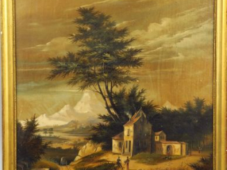 Vente aux enchères Ecole française XIX ème « Paysage de montagne animé » Huile sur toile 