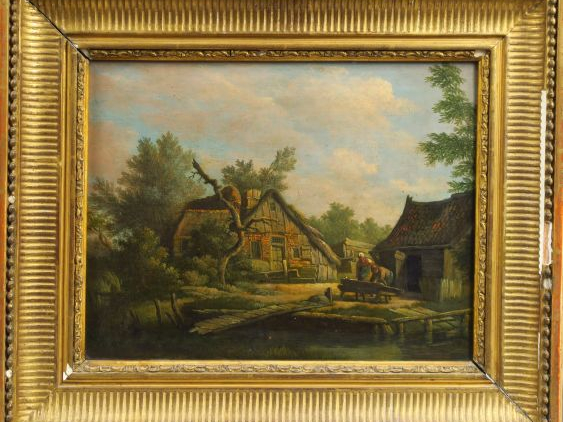 	Ecole du Nord XIX ème « Paysans devant leur chaumière » Huile sur pan