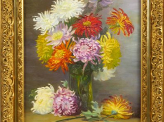 Vente aux enchères 	Ecole française « Bouquet de tokyos »  	Huile sur toile, monogrammée 