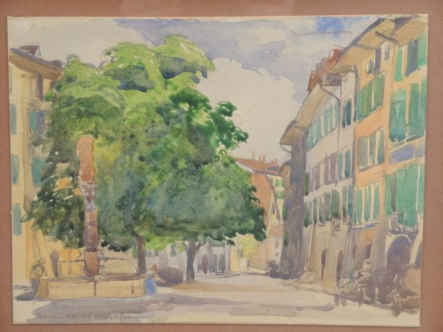 Hugues de BEAUMONT «Vue de  Bienne » Aquarelle, signée en bas à gauche