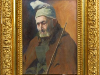 Vente aux enchères C. GUILBERT « Portrait de paysan au bonnet ». Huile sur toile, signée 
