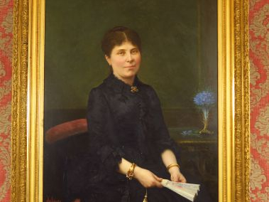 SALIERES Ecole française XIX ème "Portrait d'élégante à l'éventail" Hu