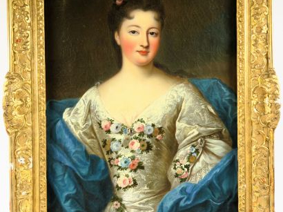 Ecole française XVIIIème "Portrait d'élégante à la robe fleurie". Huil